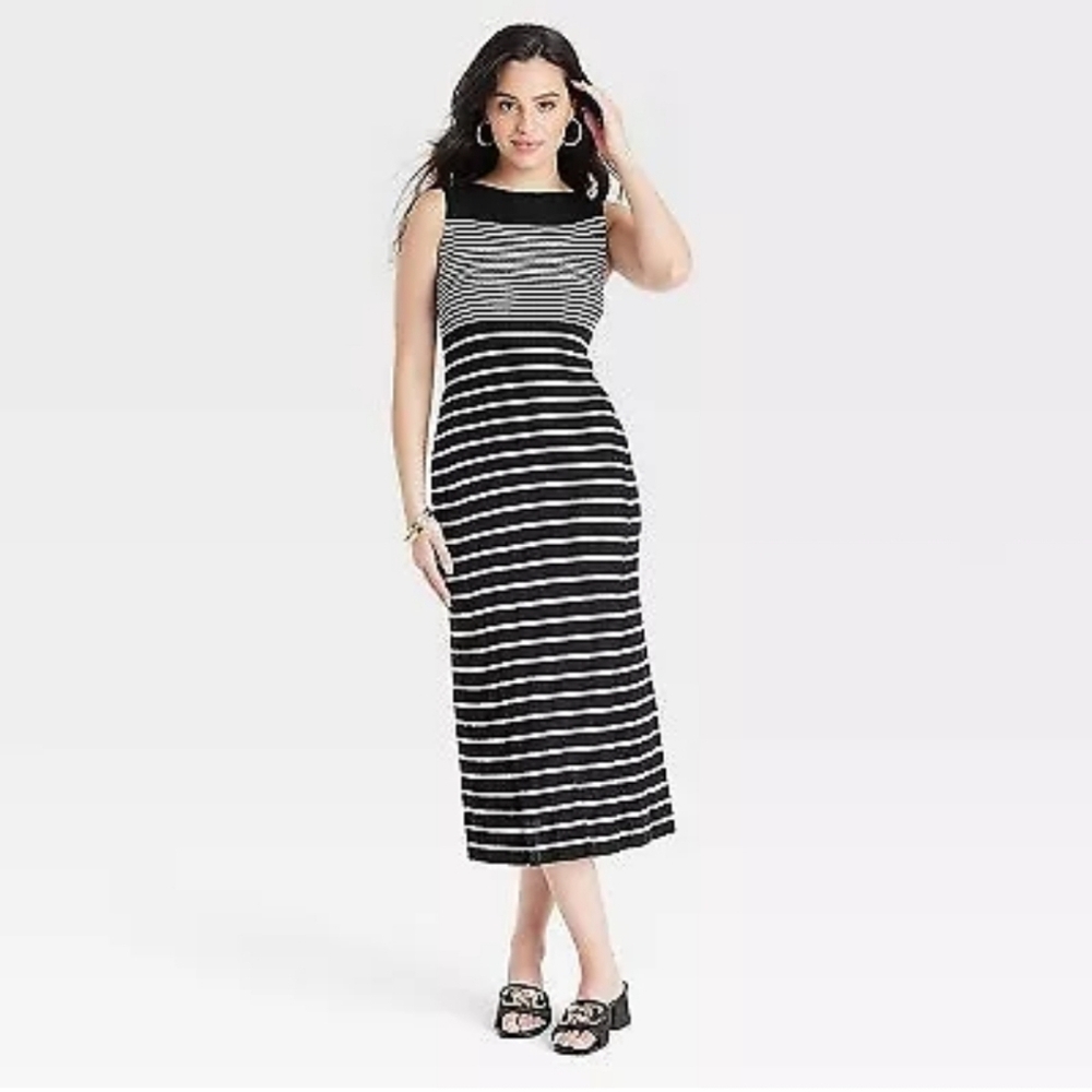 Women's Faux Plisse Midi Sweater Dress - A New Day Black/White Striped Size S